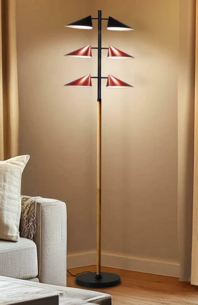 Brightech Ivo 65" Japandi-inspired Floor Lamp With Oak And Red Accent, Integrated Leds In Multi