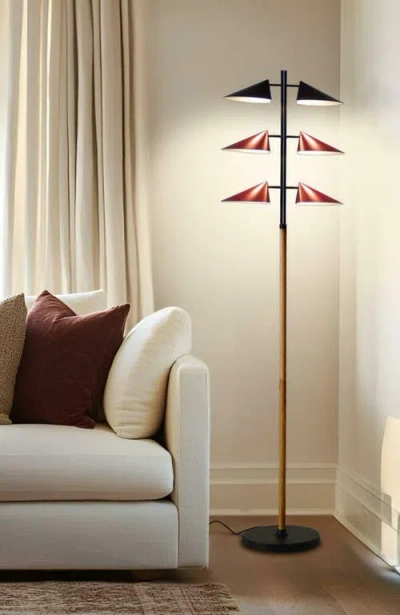 Brightech Ivo 65" Japandi-inspired Floor Lamp With Oak And Red Accent, Integrated Leds In Multi