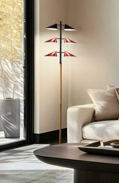 Brightech Ivo 65" Japandi-inspired Floor Lamp With Oak And Red Accent, Integrated Leds In Multi