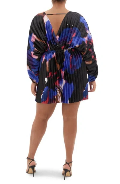 City Chic Chloe Print Pleated Long Sleeve Satin Minidress In Blue