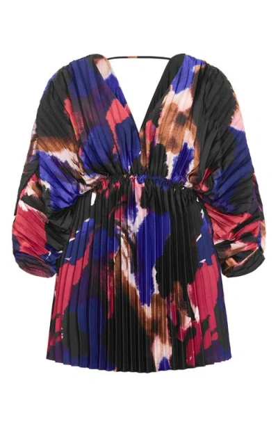 City Chic Chloe Print Pleated Long Sleeve Satin Minidress In Blue