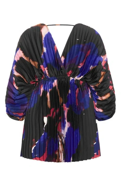 City Chic Chloe Print Pleated Long Sleeve Satin Minidress In Blue