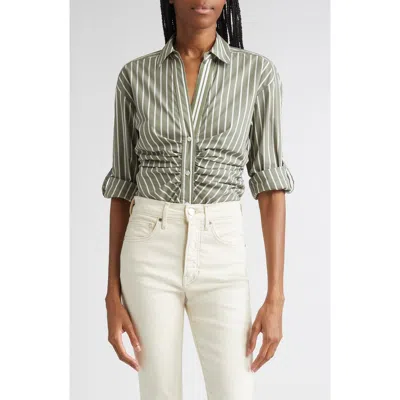 Veronica Beard Devra Stripe Ruched Cotton Blend Button-up Shirt In Green