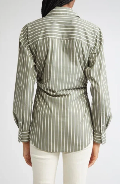 Veronica Beard Devra Stripe Ruched Cotton Blend Button-up Shirt In Green