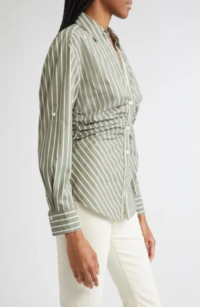 Veronica Beard Devra Stripe Ruched Cotton Blend Button-up Shirt In Green
