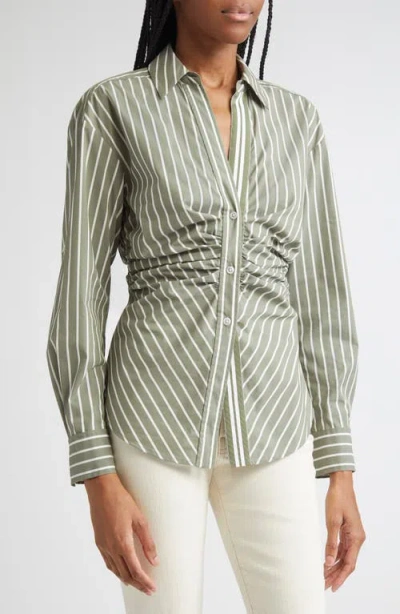 Veronica Beard Devra Stripe Ruched Cotton Blend Button-up Shirt In Green