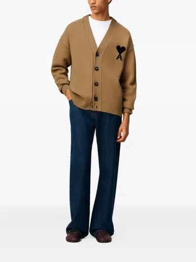 Ami Alexandre Mattiussi Ami Felted Merino Wool Cardigan With Inlaid Heart Motif In Brown