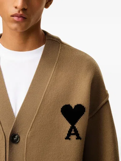 Ami Alexandre Mattiussi Ami Felted Merino Wool Cardigan With Inlaid Heart Motif In Brown