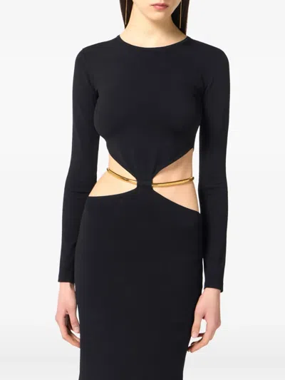 Elisabetta Franchi Crewneck Cut-out Maxi Dress With Gold Detail In Black