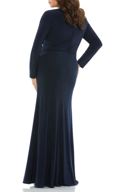 Mac Duggal Plus Size Long-sleeve Jersey Twist Gown In Blue