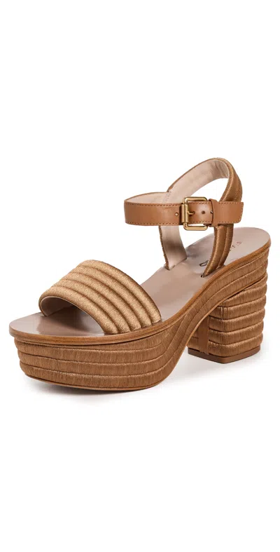 Farm Rio Tan Embroidery Platform Sandals Tan