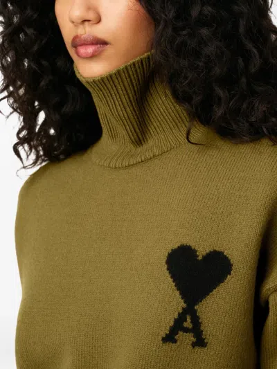 Ami Alexandre Mattiussi Khaki Wool Ami De Coeur Funnel Neck Sweater Green In Green