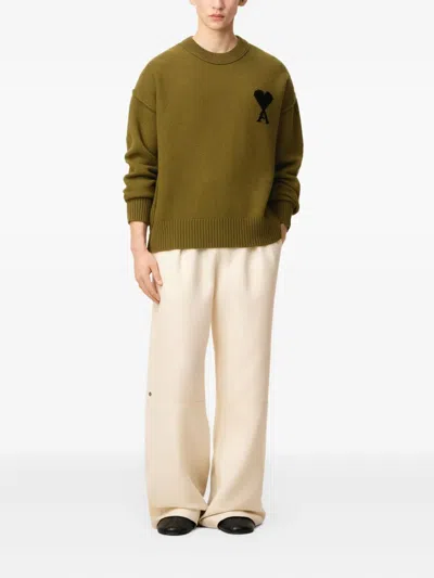 Ami Alexandre Mattiussi Ribbed Crewneck Sweater With Long Sleeves In Green