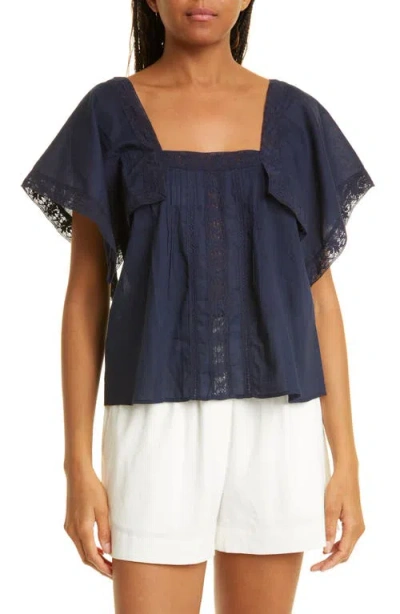 Rebecca Taylor Lace Inset Cotton Top In Blue