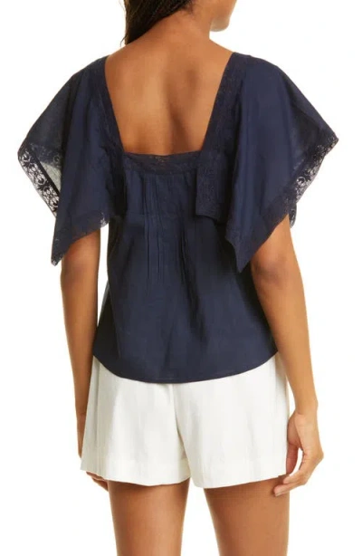 Rebecca Taylor Lace Inset Cotton Top In Blue