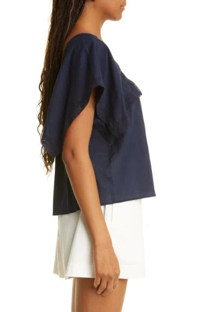 Rebecca Taylor Lace Inset Cotton Top In Blue