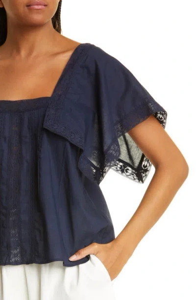 Rebecca Taylor Lace Inset Cotton Top In Blue