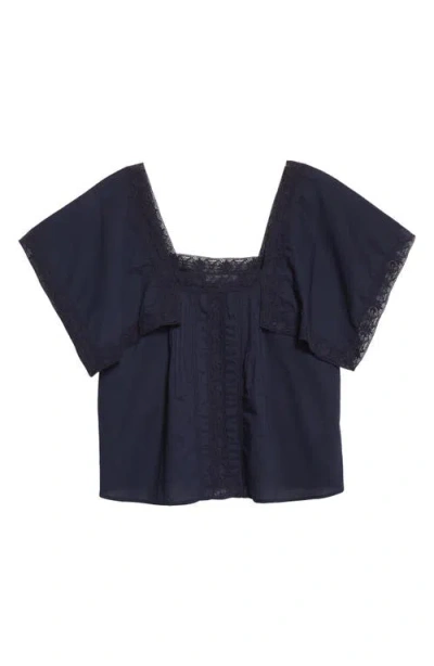 Rebecca Taylor Lace Inset Cotton Top In Blue