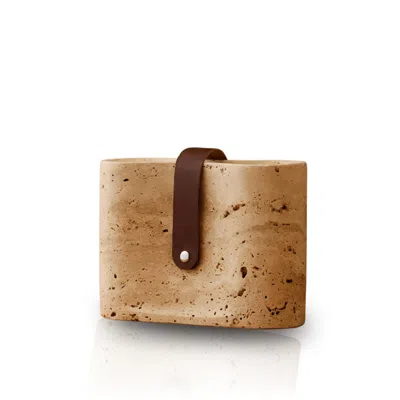 Marleth Neutrals Handmade Travertine Decorative Object Beige Stone & Brown Leather Strap Detail