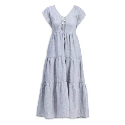Reistor Women's Grey Maxi Tired Dress With Front-ties In Linen Stripes