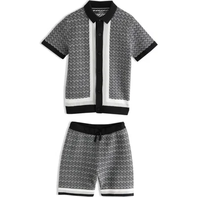 Next Kids' Mono Geo Short Sleeve Knit Cotton Button-up Shirt & Drawstring Shorts Set In Gray