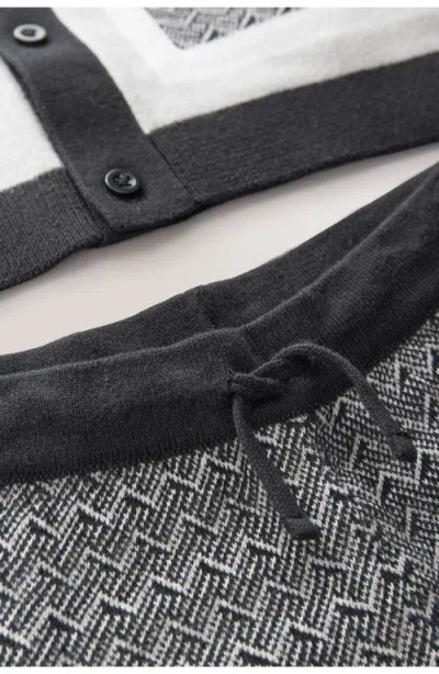 Next Kids' Mono Geo Short Sleeve Knit Cotton Button-up Shirt & Drawstring Shorts Set In Gray