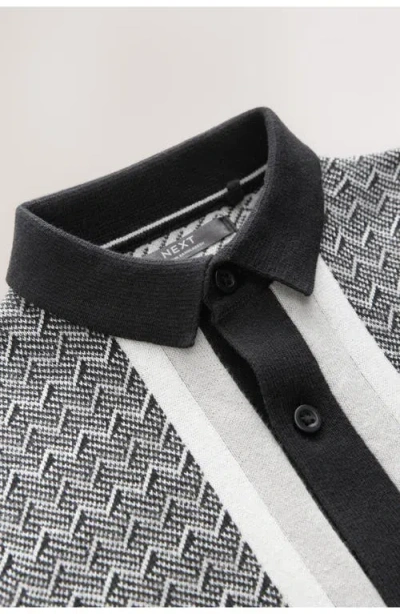 Next Kids' Mono Geo Short Sleeve Knit Cotton Button-up Shirt & Drawstring Shorts Set In Gray