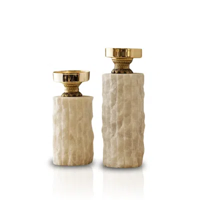 Marleth Gold / White Set Of Two Carved Alabaster & Brass Candle Holders