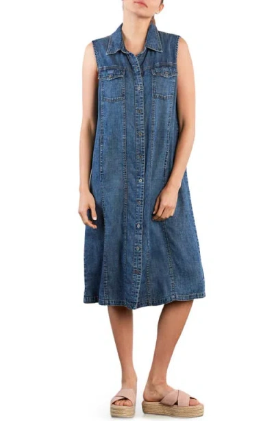 Wash Lab Denim Seamed Sleeveless Denim Midi Shirtdress In Blue