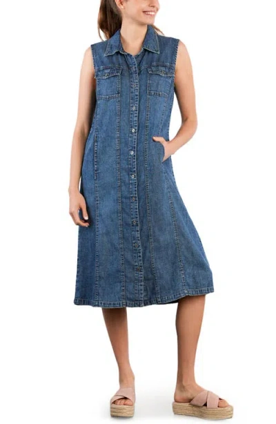 Wash Lab Denim Seamed Sleeveless Denim Midi Shirtdress In Blue