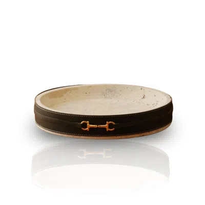 Marleth Neutrals Handmade Travertine Tray Beige Stone & Green Leather Belt With Gold Horsebit Detail