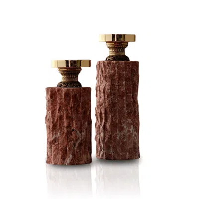 Marleth Set Of Two Carved Red Marble & Brass Candle Holders