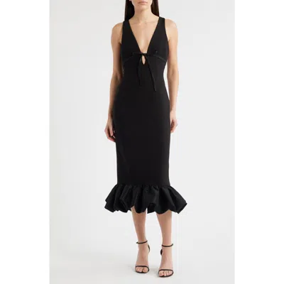Likely Balta Ruffle Hem Mixed Media Cocktail Midi Dress In Black
