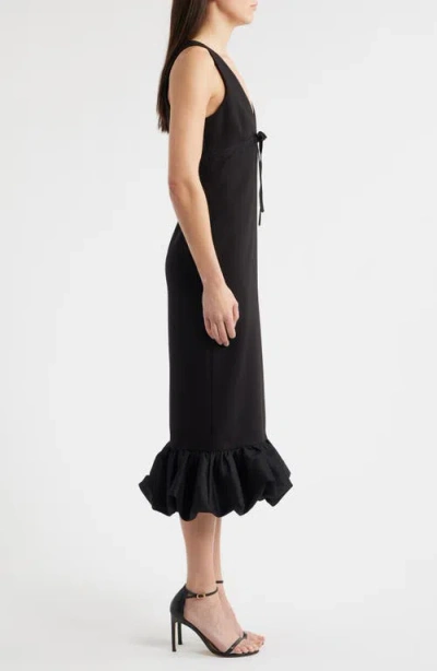 Likely Balta Ruffle Hem Mixed Media Cocktail Midi Dress In Black
