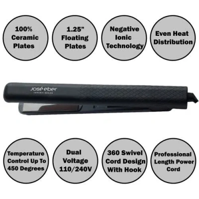 Jose Eber 100% Pure Ceramic Flat Iron Black, 1.25" Plates, Ionic Technology