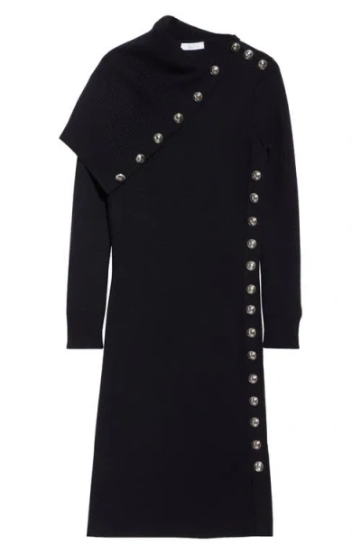 Rabanne Drape Shoulder Long Sleeve Merino Wool Sweater Dress