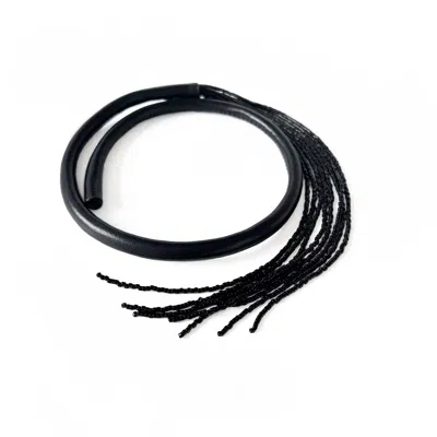 Waiwai Women's Black Leather Choker With Beaded Tassel