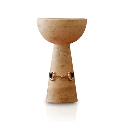 Marleth Neutrals Handmade Travertine Bowl On Pedestal For Beige Stone & Black Leather Belt