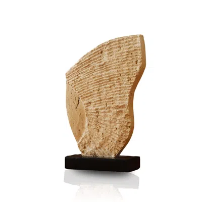 Marleth Neutrals / Black Handmade Travertine Sculpture, Beige Stone On Black Base & Wind-carved Textural Det