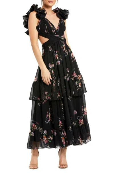 Mac Duggal Tiered Floral Chiffon Gown With Ruffle Cap Sleeves And Lace-up Back