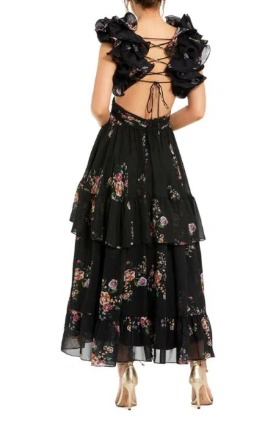 Mac Duggal Tiered Floral Chiffon Gown With Ruffle Cap Sleeves And Lace-up Back
