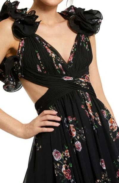 Mac Duggal Tiered Floral Chiffon Gown With Ruffle Cap Sleeves And Lace-up Back
