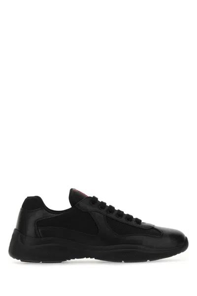 Prada Men Black Leather And Tech Fabric Sneakers In Black