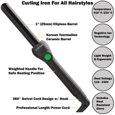 Jose Eber Clipless Curling Iron 1" (25mm) Black, Ceramic Barrel, Ion Tech
