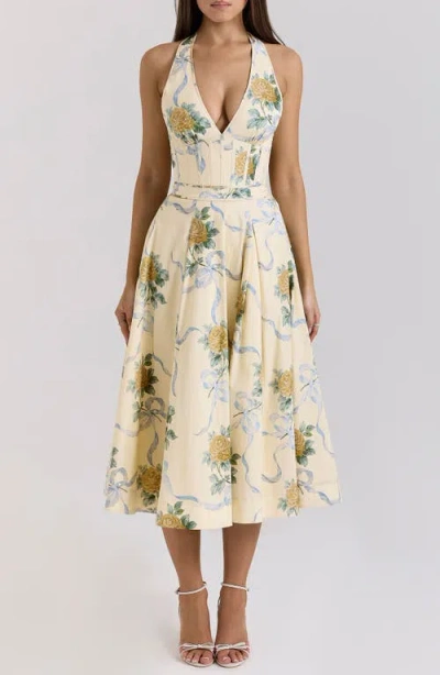 House Of Cb Allena Floral Halter Stretch Cotton Midi Sundress In Neutral