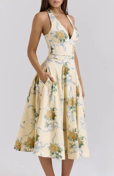House Of Cb Allena Floral Halter Stretch Cotton Midi Sundress In Neutral