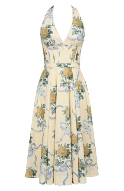 House Of Cb Allena Floral Halter Stretch Cotton Midi Sundress In Neutral