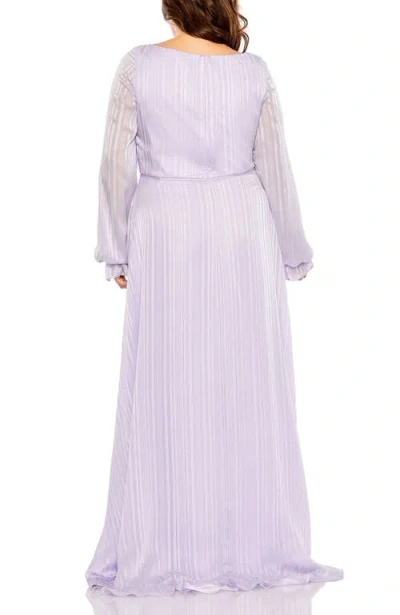 Mac Duggal Striped Faux Wrap Bishop Sleeve Gown In Purple