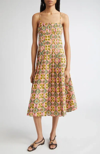 Mille Tully Floral Pleated Cotton Midi Sundress In Orange