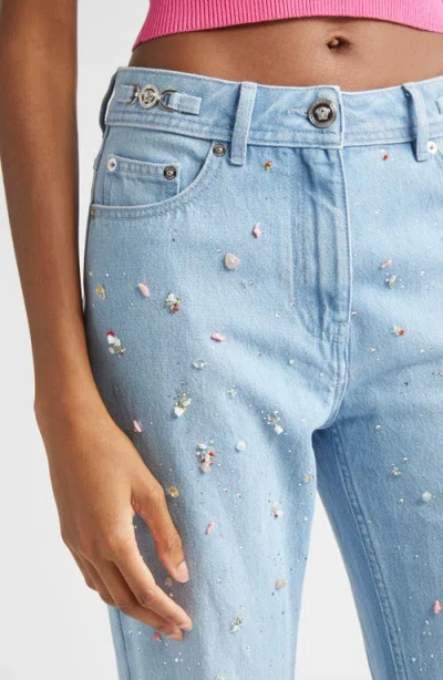Versace Embellished Straight Leg Jeans In Blue